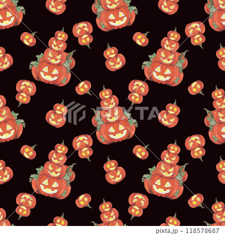 Hand drawn watercolor Jack-o-lantern pumpkin seamless pattern isolated on black background. Can be used for textile, fabric, scrapbook and other printed products. Hand drawn watercolor Jack-o-lantern pumpkin seamless pattern isolated on black background. Can be used for textile, fabric, scrapbook and other printed products. 118578687