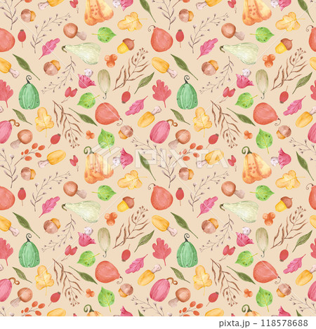 Hand drawn watercolor autumn pumpkins mushrooms and leaves seamless pattern isolated on beige background. Can be used for textile, fabric, scrapbook and other printed products. Hand drawn watercolor autumn pumpkins mushrooms and leaves seamless pattern isolated on beige background. Can be used for textile, fabric, scrapbook and other printed products. 118578688