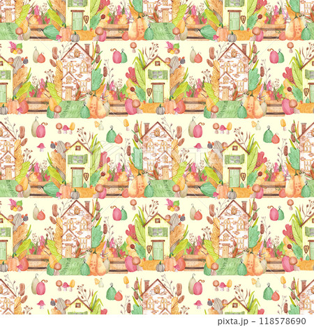 Hand drawn watercolor autumn fairytale house with mushrooms and leaves seamless pattern isolated on beige background. Can be used for textile, fabric, scrapbook and other printed products. Hand drawn watercolor autumn fairytale house with mushrooms and leaves seamless pattern isolated on beige background. Can be used for textile, fabric, scrapbook and other printed products. 118578690