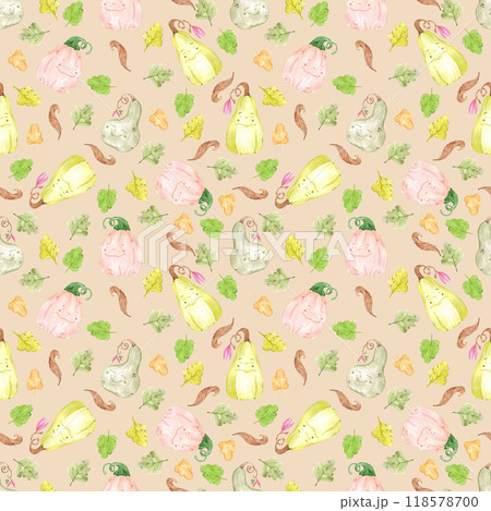 Hand drawn watercolor autumn pumpkins and leaves seamless pattern isolated on beige background. Can be used for textile, fabric, scrapbook and other printed products. 118578700