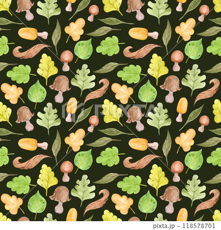 Hand drawn watercolor autumn mushrooms and leaves seamless pattern isolated on dark background. Can be used for textile, fabric, scrapbook and other printed products. Hand drawn watercolor autumn mushrooms and leaves seamless pattern isolated on dark background. Can be used for textile, fabric, scrapbook and other printed products. 118578701