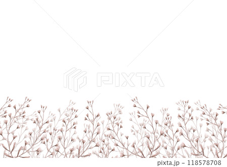 Hand drawn watercolor dried autumn seed crop flowers frame border isolated on white background. Can be used for post card, invitation, business card and other printed products. 118578708