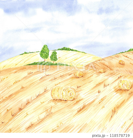Hand drawn watercolor landscape with dry fields and blue sky isolated on white background. Can be used for postcard, label, scrapbook and other printed products. Hand drawn watercolor landscape with dry fields and blue sky isolated on white background. Can be used for postcard, label, scrapbook and other printed products. 118578719