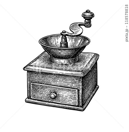 Vintage manual coffee been grinder ink sketch Vintage manual coffee been grinder ink sketch 118578818