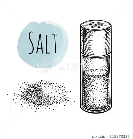 Salt shaker and pile of fine salt ink sketch. 118578822