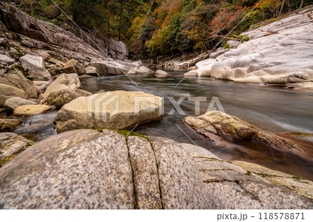 奥津渓の秋 　渓谷の流れと紅葉13　岡山県苫田郡鏡野町 118578871