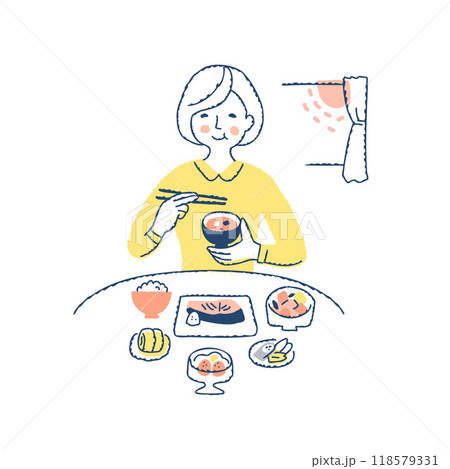 栄養バランスの良い朝食を食べている女性 118579331