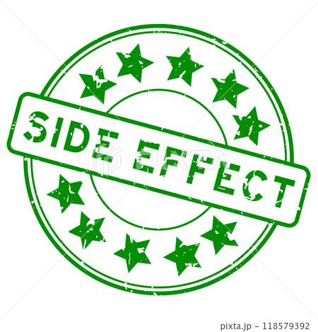 Grunge green side effect word with star icon round rubber seal stamp on white background Grunge green side effect word with star icon round rubber seal stamp on white background 118579392