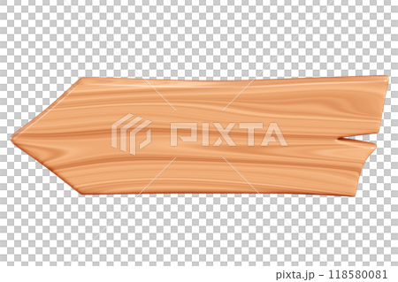 Wooden arrow plaque with cracks and nails for text box. Cartoon 3d render illustration of signboard with brown wood texture. Vintage rustic timber plank, nameplate or board frame with fracture. 118580081