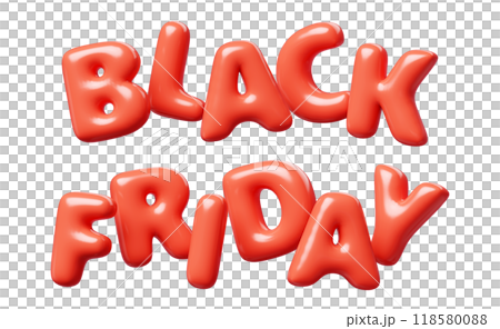 Black Friday red Inflatable flying word for promotion design. 3D render illustration of sale and discount floating text design element. Balloon cartoon volumetric sign for special offer advertising. 118580088