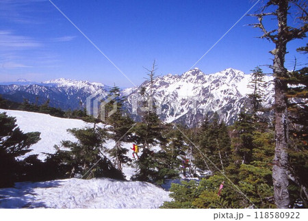 春山の穂高連峰と乗鞍岳 118580922