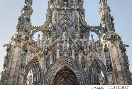 The architectural details of The Scott Monument and spire is a Victorian Gothic monument. The architectural details of The Scott Monument and spire is a Victorian Gothic monument. 118581627