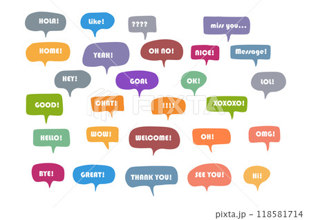 Set of color speech bubbles Short Phrases. Cartoon Vector illustration. Isolated on transparent white background. Hand draw style, dialog clouds Set of color speech bubbles Short Phrases. Cartoon Vector illustration. Isolated on transparent white background. Hand draw style, dialog clouds 118581714
