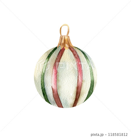 Christmas tree decoration element. Vintage ball with stripes, traditional new year bubble for interior decoration. Greeting card, packing, gift design. Winter colors 118581812