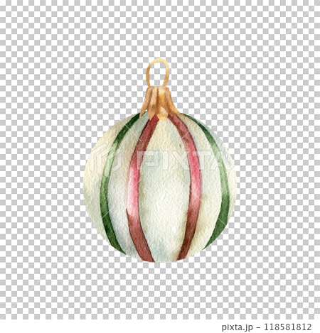 Christmas tree decoration element. Vintage ball with stripes, traditional new year bubble for interior decoration. Greeting card, packing, gift design. Winter colors 118581812