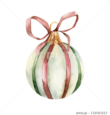 Round Christmas decoration element with red bow watercolor illustration. Hand drawn new year hanging ball with colorful stripes, retro stle for packing, gift, card design 118581813