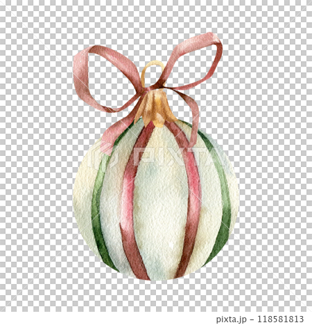 Round Christmas decoration element with red bow watercolor illustration. Hand drawn new year hanging ball with colorful stripes, retro stle for packing, gift, card design 118581813