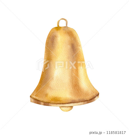 Retro golden bell watercolor isolated element. Hand drawn Christmas and new year celebration decorative element, shiny alarm tool for poster, back to school booklet, packing, label ,logo design Retro golden bell watercolor isolated element. Hand drawn Christmas and new year celebration decorative element, shiny alarm tool for poster, back to school booklet, packing, label ,logo design 118581817