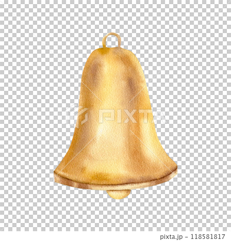 Retro golden bell watercolor isolated element. Hand drawn Christmas and new year celebration decorative element, shiny alarm tool for poster, back to school booklet, packing, label ,logo design Retro golden bell watercolor isolated element. Hand drawn Christmas and new year celebration decorative element, shiny alarm tool for poster, back to school booklet, packing, label ,logo design 118581817