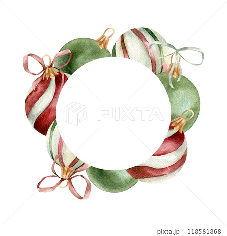 Decorative Christmas tree colorful balls watercolor round frame. Hand drawn banner with new year celebration elements for product packing, logo, web design. Party invitation, greeting card decor 118581868