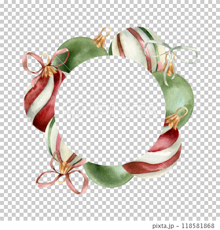 Decorative Christmas tree colorful balls watercolor round frame. Hand drawn banner with new year celebration elements for product packing, logo, web design. Party invitation, greeting card decor 118581868