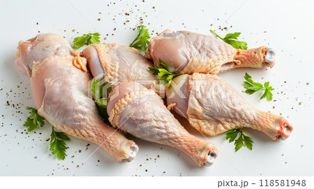 Fresh raw chicken drumsticks isolated on white background. Top view 118581948
