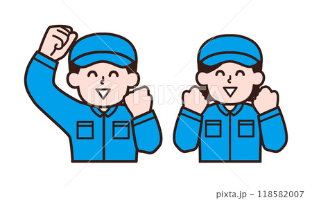 ガッツポーズする作業着姿の男女 118582007