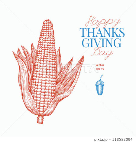 Vector Hand Drawn Thanksgiving Dinner Meal Illustration. Festive Food Illustration. Vintage Style Corn 118582094