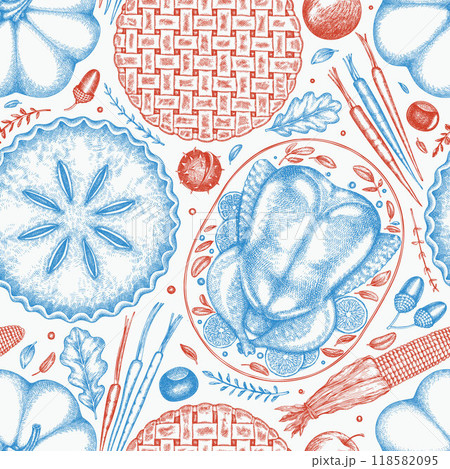 Vector Hand Drawn Thanksgiving Menu Seamless Pattern. Festive Food Illustration. Vintage Style Family Dinner Background Vector Hand Drawn Thanksgiving Menu Seamless Pattern. Festive Food Illustration. Vintage Style Family Dinner Background 118582095