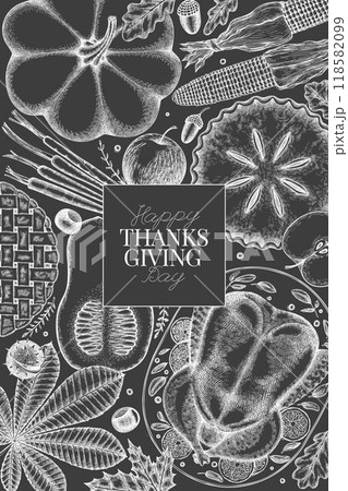 Vector Hand Drawn Chalk Board Thanksgiving Menu Design Template. Festive Food Illustration. Vintage Style Family Dinner Background Vector Hand Drawn Chalk Board Thanksgiving Menu Design Template. Festive Food Illustration. Vintage Style Family Dinner Background 118582099