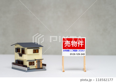 売物件の看板と戸建て住宅のイメージ 売物件の看板と戸建て住宅のイメージ 118582177