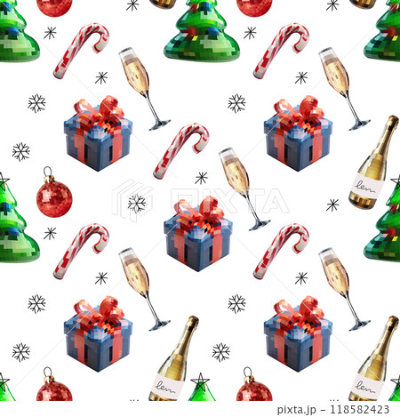 Seamless disco mirror ball template new year, Christmas tree, gift, caramel cane, santa hat. Mosaic style 118582423