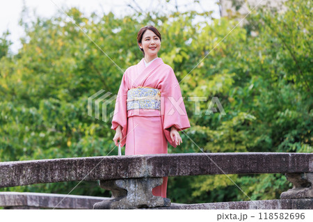 京都観光・白川古門前橋を渡る着物姿の女性 118582696