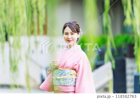 京都白川の柳並木を歩く着物姿の女性 京都白川の柳並木を歩く着物姿の女性 118582763