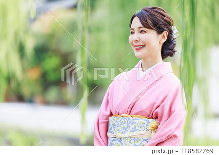 京都白川に架かる一本橋を渡る着物姿の女性 京都白川に架かる一本橋を渡る着物姿の女性 118582769