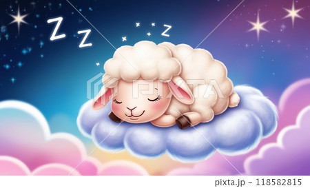 雲の上で眠る夢かわいい羊のイラスト素材 [118582815] - PIXTA