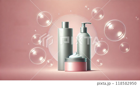 シンプルで美しいヘアケアボトルとクリームのセット シンプルで美しいヘアケアボトルとクリームのセット 118582950