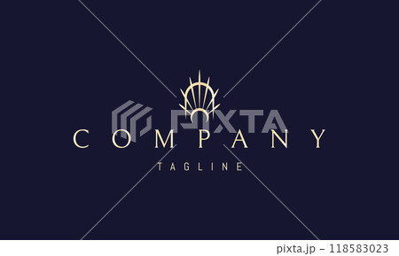 Vector golden logo with an abstract image of the gates of heaven against the background of sun rays. 118583023