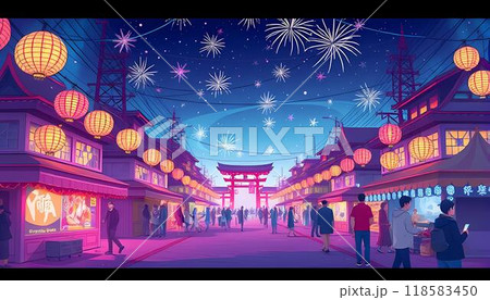 The image is an illustration of a street in Japan at night, with a red Torii gate in the distance and people walking down the street. It is decorated with lanterns and fireworks are going off in  the 118583450