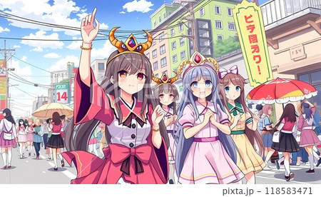 The image is a cartoon illustration of a group of anime girls walking down a city street. The girls are all dressed in brightly colored outfits and some are wearing crowns. There is a yellow sign 118583471