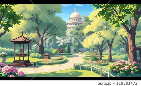 The image depicts a peaceful park scene with a white domed building in the distance, towering over a winding stone pathway leading through lush greenery and blooming flowerbeds. A wooden gazebo is on 118583472