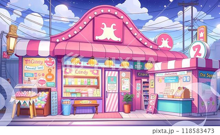 The image is of a street scene at night, featuring a pink building with multiple storefronts, a candy store, a drink stand, and a "The Second" shop, all situated on a sidewalk under a starry sky with 118583473