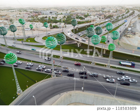 Drone photo of busy motorway The Green Field Riyadh KSA 118583809