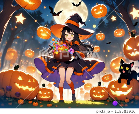 貰ったお菓子で満杯になったバスケットに笑顔の魔女 118583916