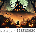 霧の出る夜ハロウィンの不気味な魔女 118583920