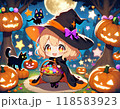 お菓子で満杯のバスケットを抱える魔女 118583923