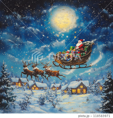 満天の星空を駆けるサンタとクリスマスプレゼントのイラスト素材