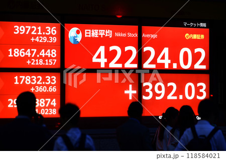 日本の東京都市景観初4万2000円台突破。3日連続史上最高値更新…株価/終値=11日、日本橋兜町 日本の東京都市景観初4万2000円台突破。3日連続史上最高値更新…株価/終値=11日、日本橋兜町 118584021