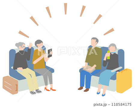 電車での旅行を楽しむシニアのグループのイラスト 118584175