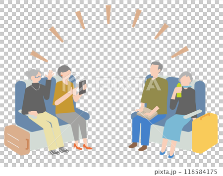 電車での旅行を楽しむシニアのグループのイラスト 118584175